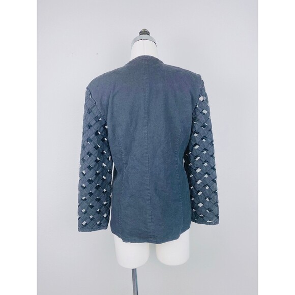 Vintage Black Linen Jacket Gold Floral Sheer Cage Sleeve Blazer / Size Medium - Picture 4 of 8